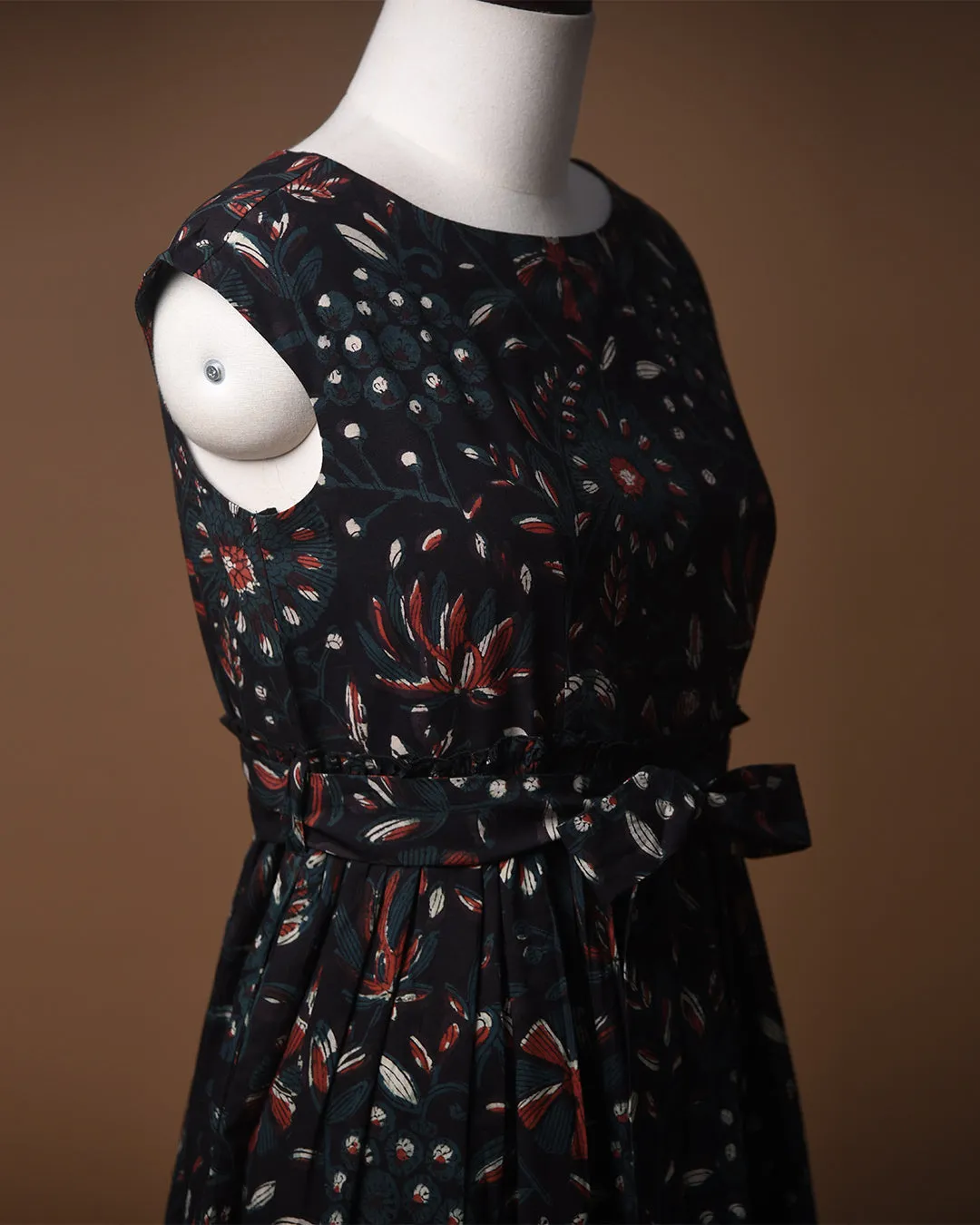 Black Pure Cotton Hand Block Printed Ready To Wear Dress With Belt