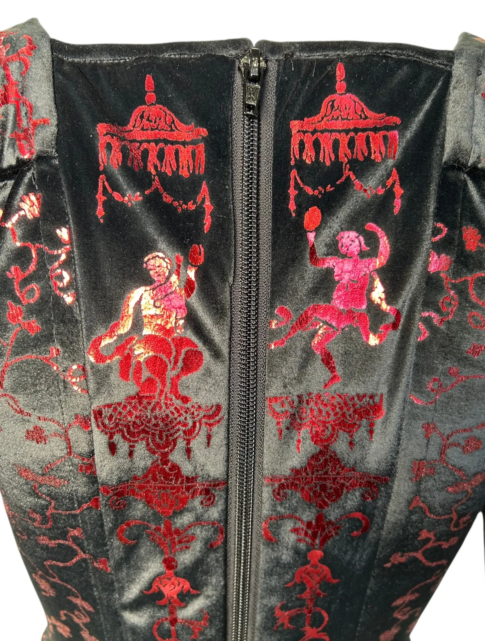 Vivienne Westwood 1992 'Salon' Black Corset Top with Red Metallic Boulle Foil Print